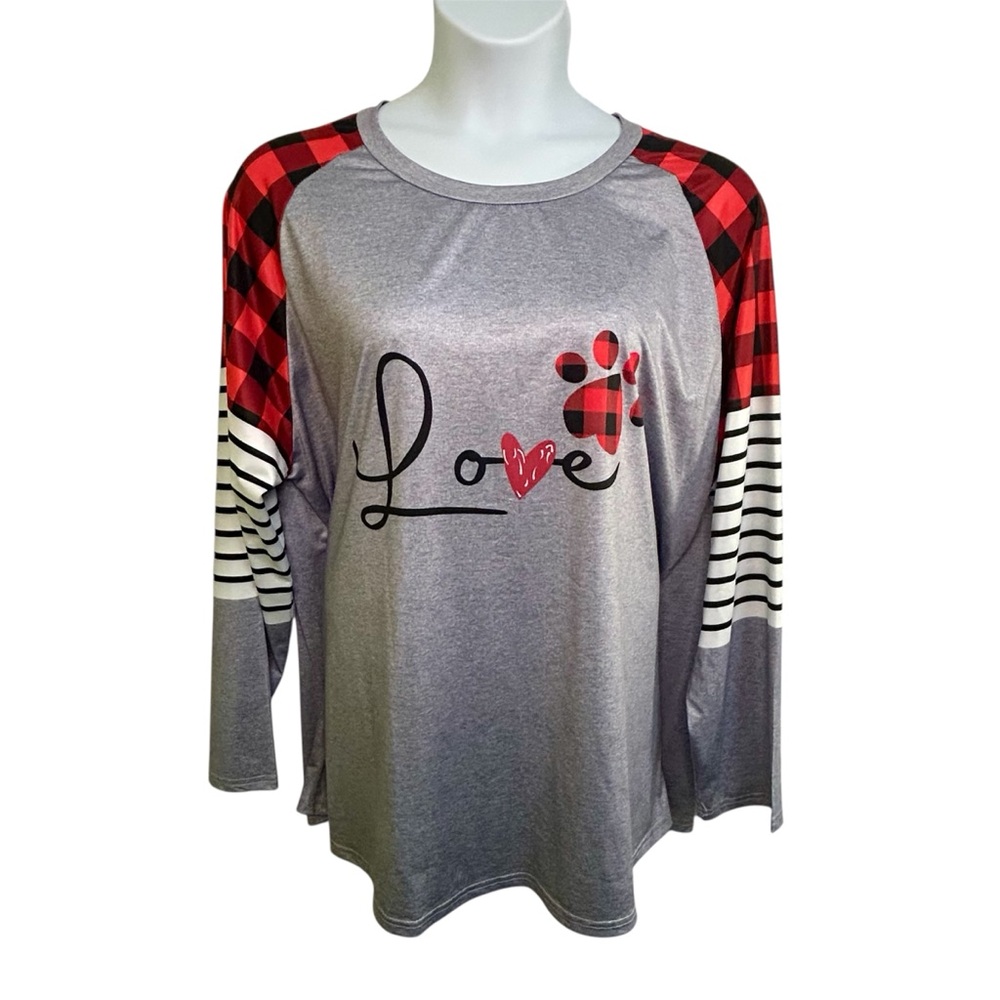 Love Shirt Heart Paw Long Sleeve Checkered Stripes Gray Red Black Sz 4XL